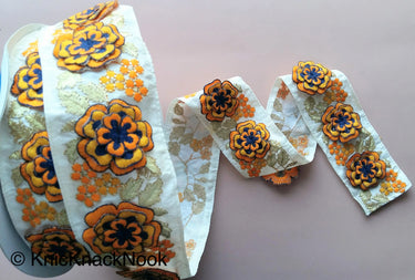 Beige Fabric Trim With Yellow, Orange, Gold And Blue Floral Embroidery